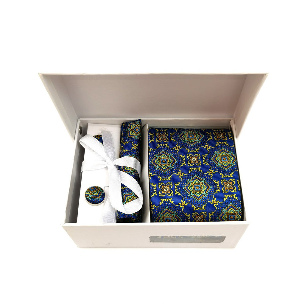Royal Blue Floral Geometric Tie & Cufflinks Set-0