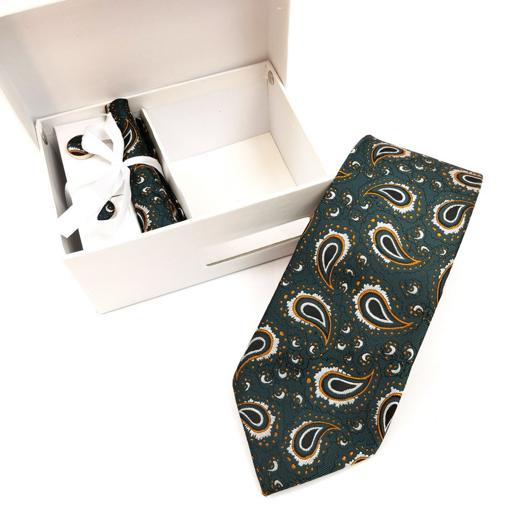 Green Orange Paisley Tie & Cufflinks set-1