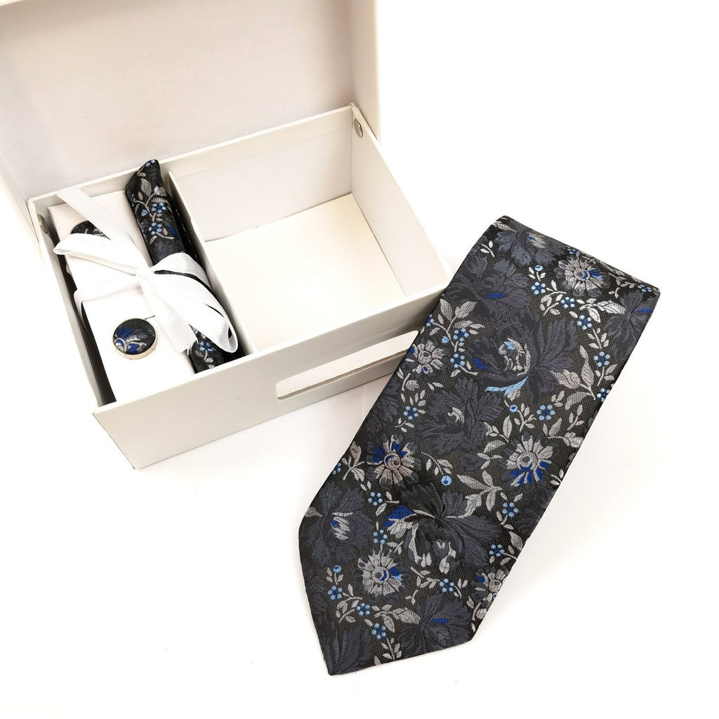 Grey Silver Floral Tie & Cufflinks Set-1