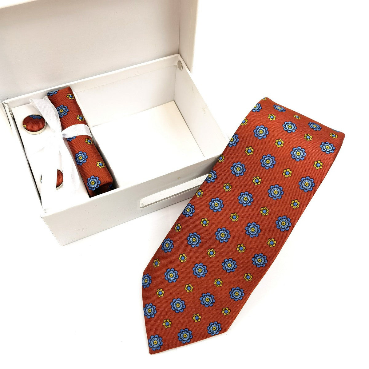 Coral & Blue Geometric Tie & Cufflinks Set-1