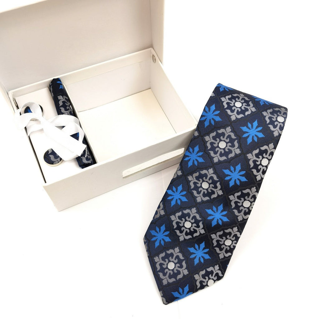 Blue Silver Geometric Tie & Cufflinks Set-1