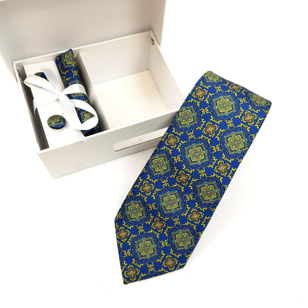 Royal Blue Floral Geometric Tie & Cufflinks Set-1