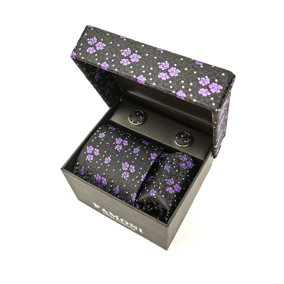 Black Lilac Motif Tie & Cufflinks Set-0
