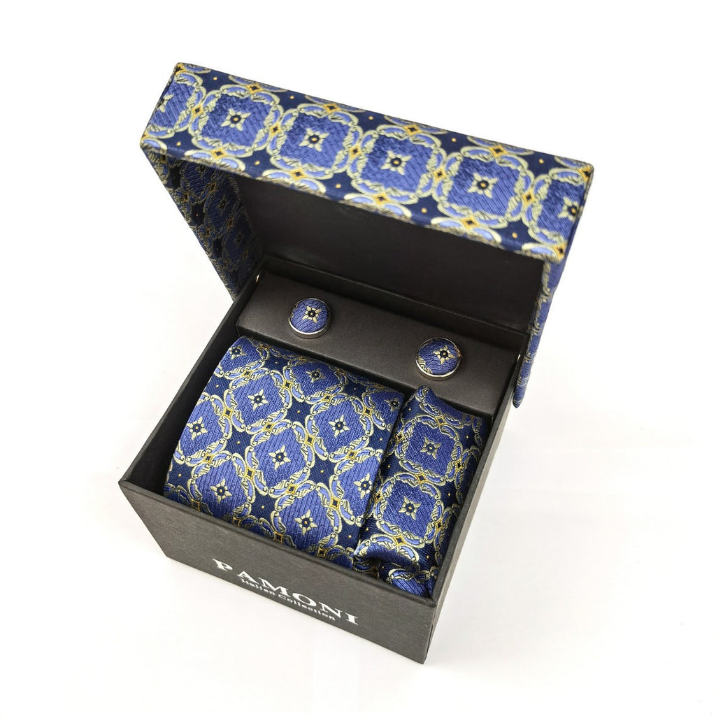 Blue And Grey Geometric Tie & Cufflinks Set-0