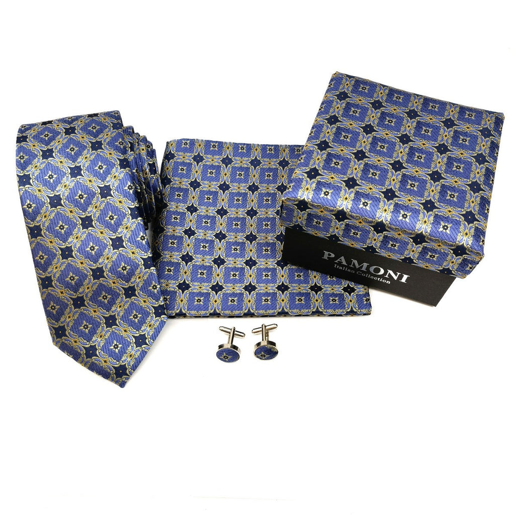 Blue And Grey Geometric Tie & Cufflinks Set-1