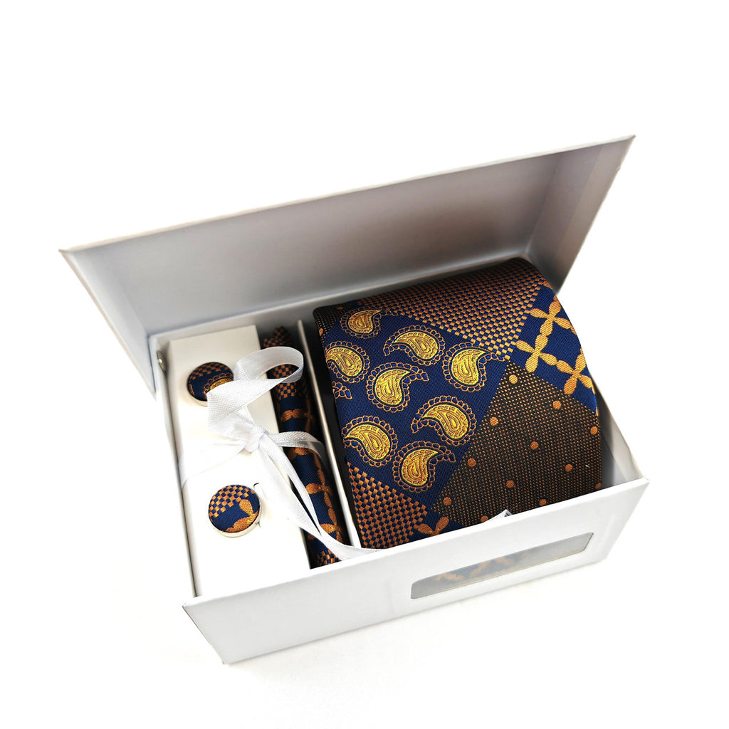 Brown and Gold Paisley Check Tie & Cufflinks Set-0