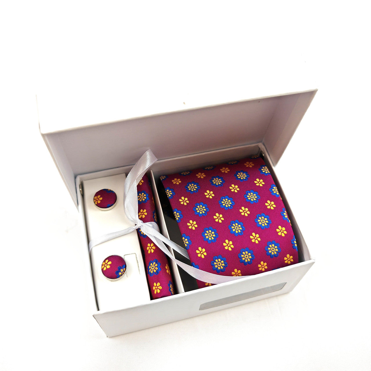 Magenta Geometric Tie & Cufflinks Set-0