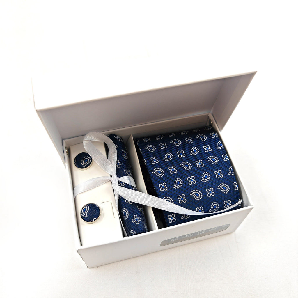 Navy Paisley & Clover Geometric Tie & Cufflinks Set-0