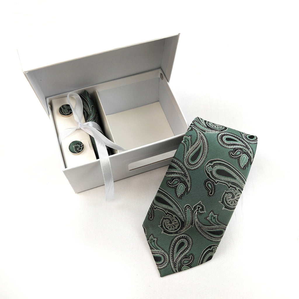Emerald Green Paisley Tie & Cufflinks Set-1