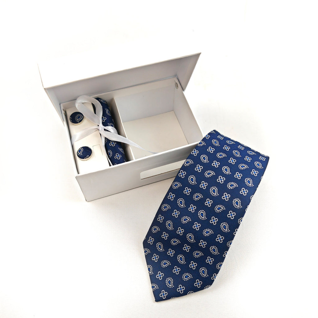 Navy Paisley & Clover Geometric Tie & Cufflinks Set-1