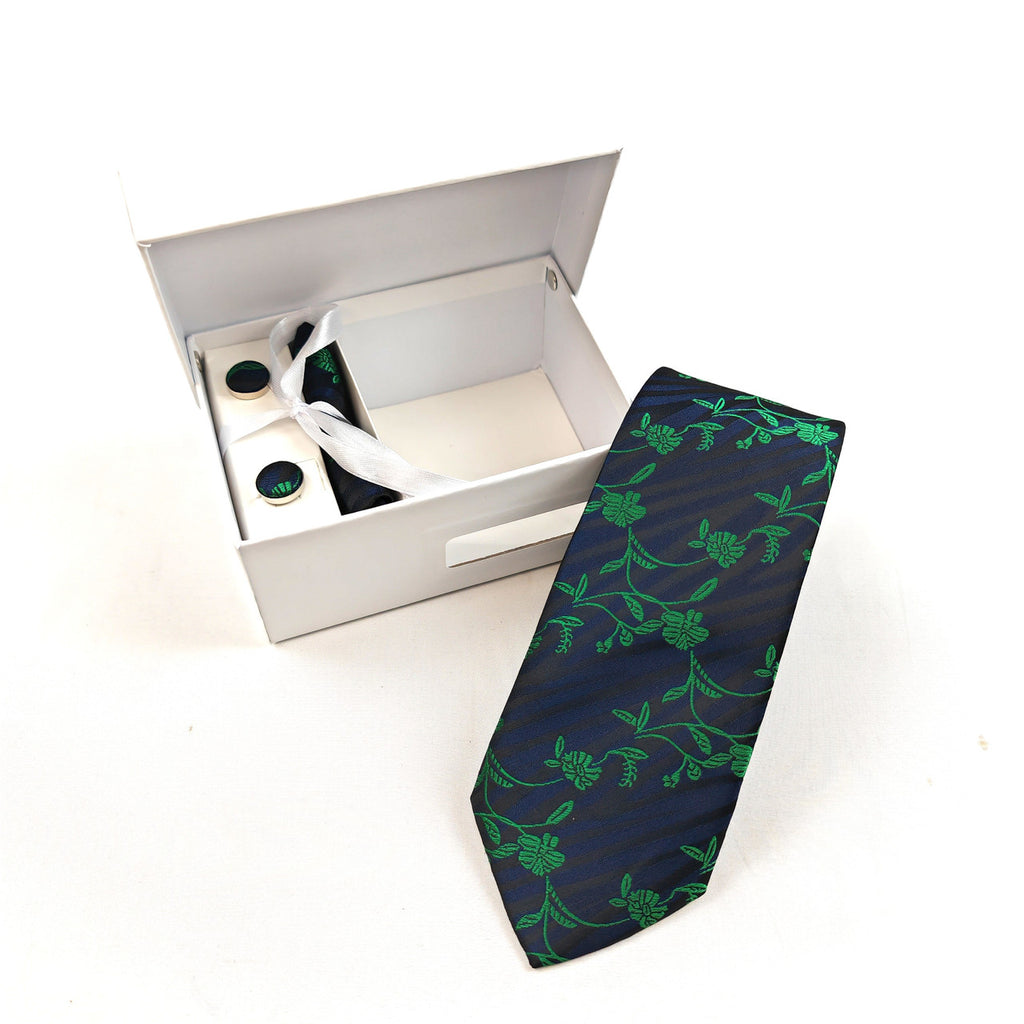 Navy Green Floral Tie & Cufflinks Set-1