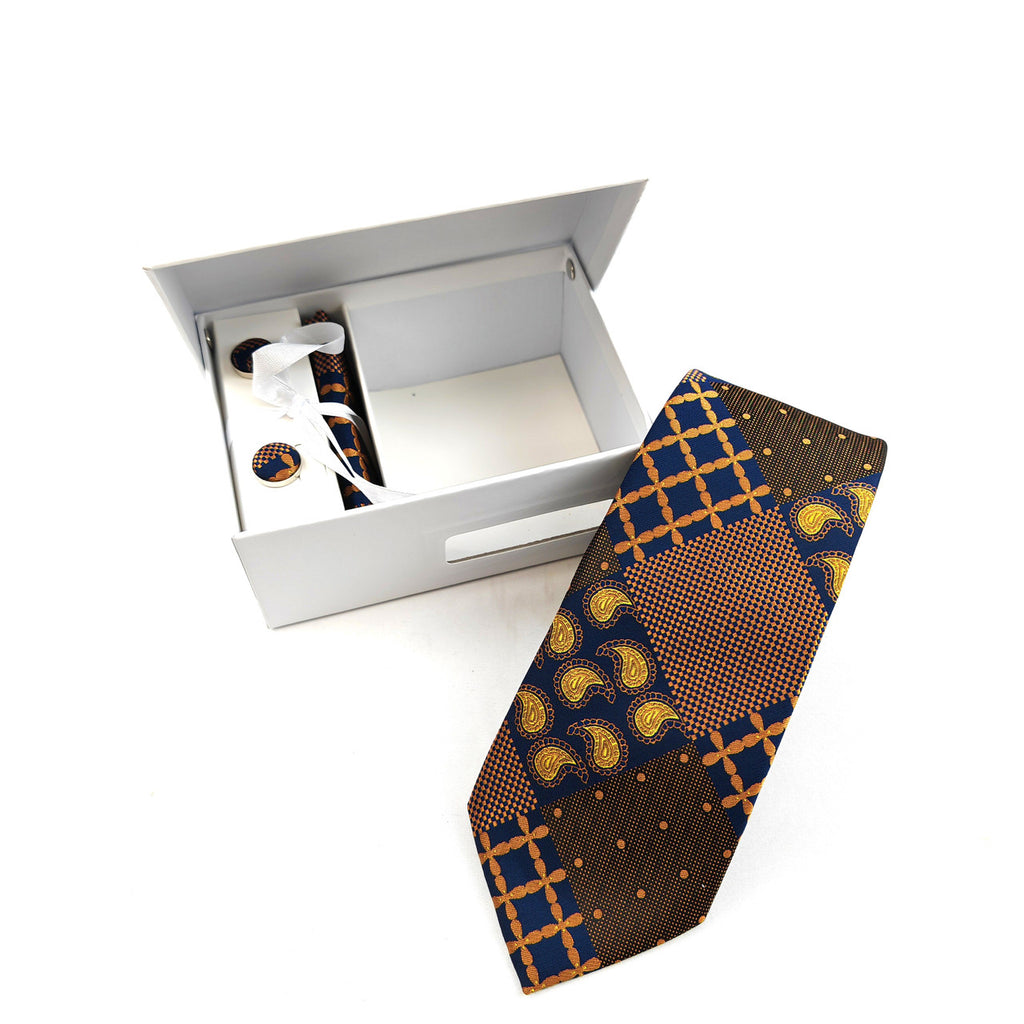 Brown and Gold Paisley Check Tie & Cufflinks Set-1