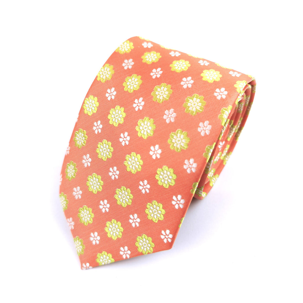 Peach Lime Flower Geometric Tie & Pocket Square Set-1