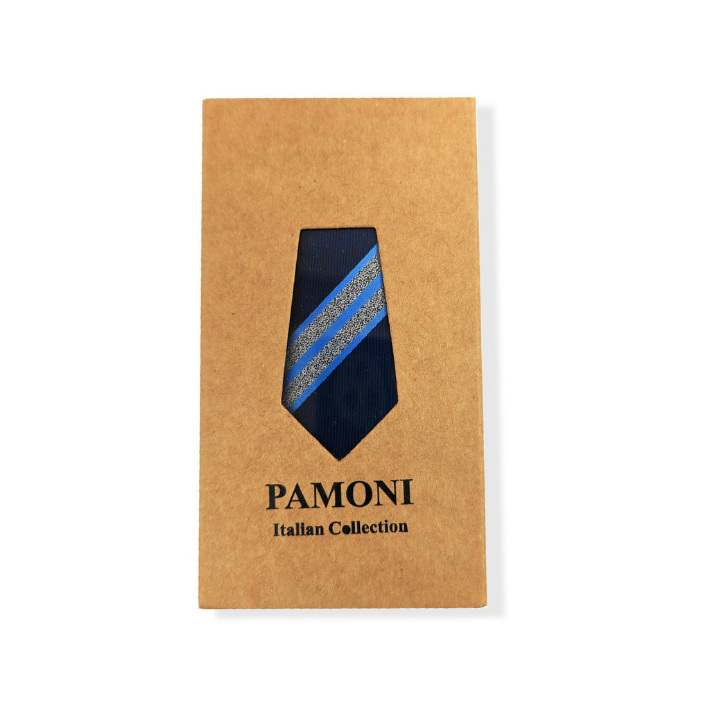 Blue Silver Bold Stripe Tie & Pocket Square Set-0