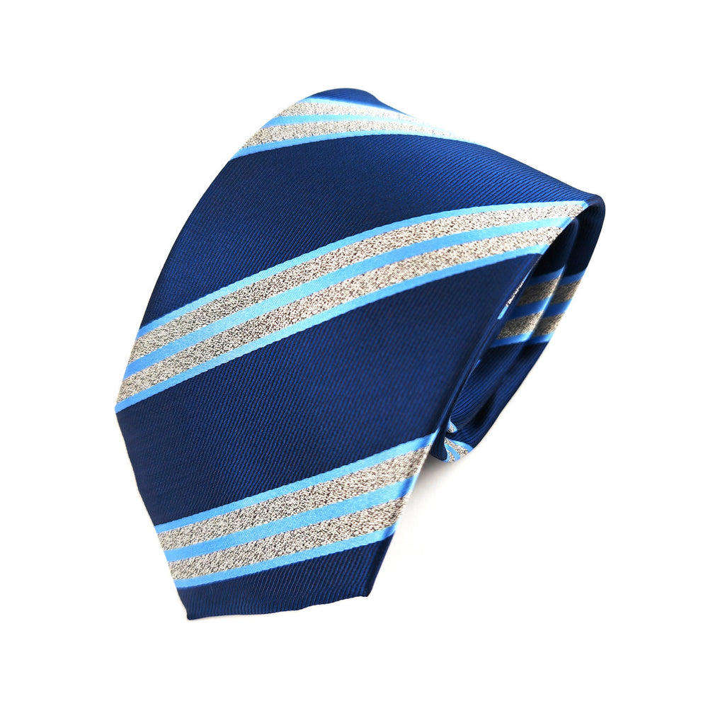 Blue Silver Bold Stripe Tie & Pocket Square Set-1
