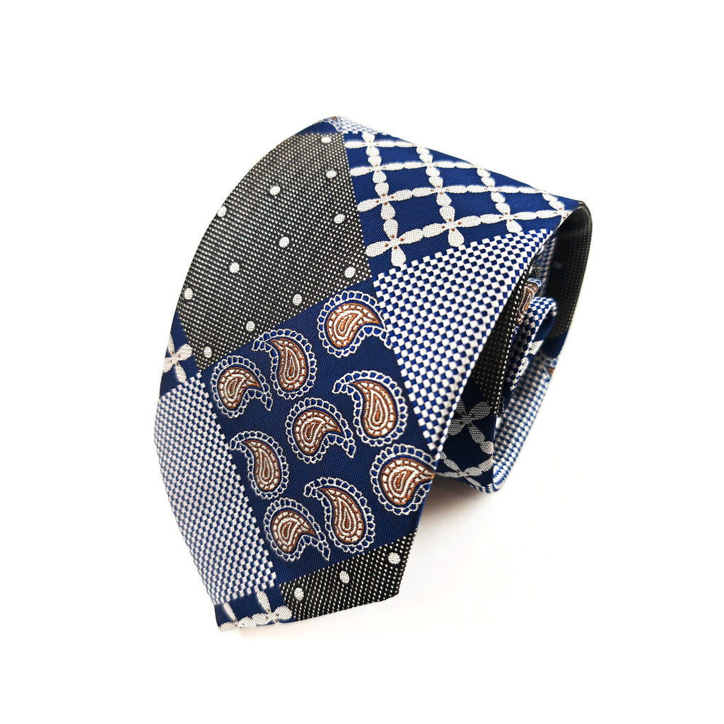 Navy Brown Paisley Check Tie & Pocket Square Set-1