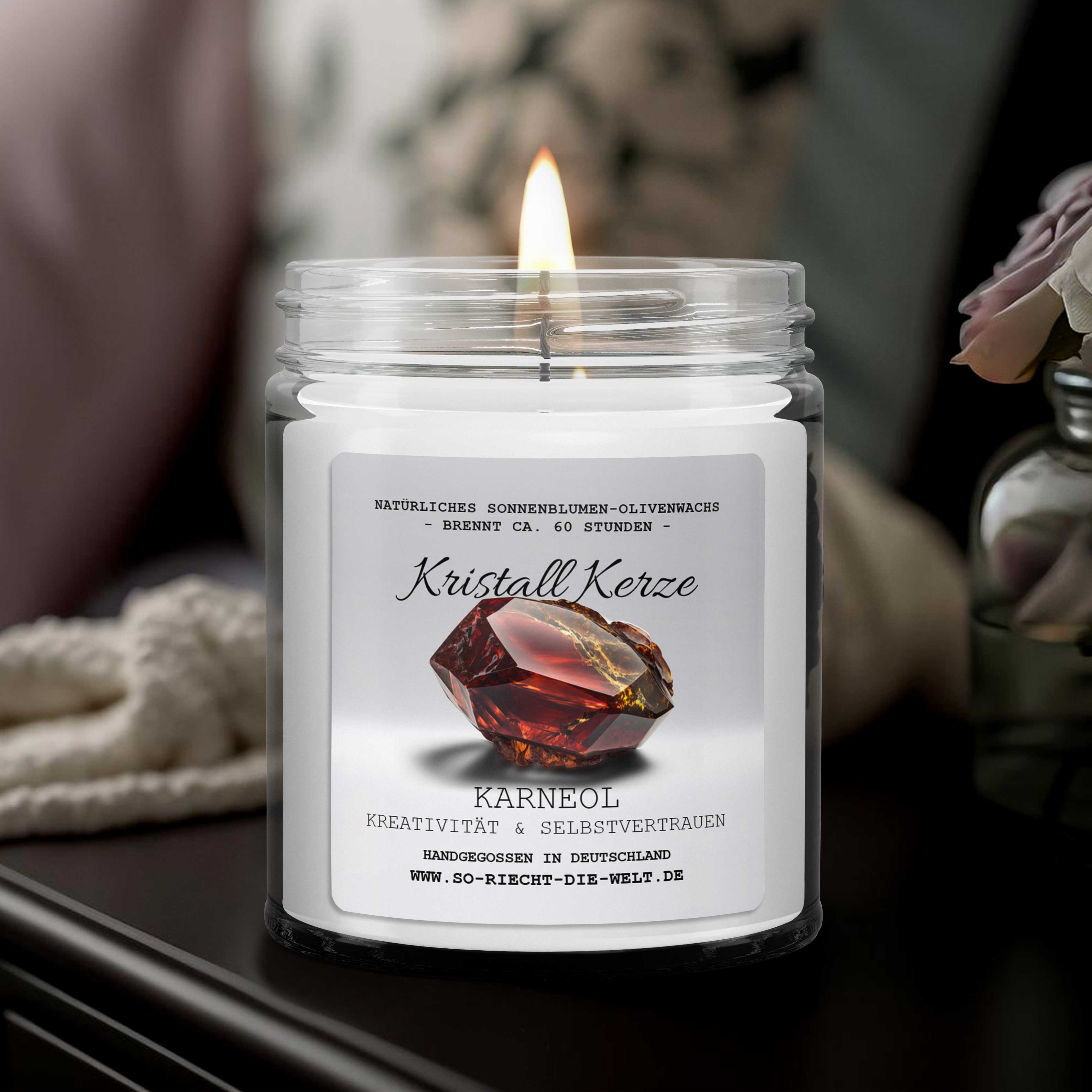 KREATIVITÄT & SELBSTVERTRAUEN - Karneol Kristall Duftkerze - Bergamotte | Kaschmir - Heilende Kerze, Edelsteine, Reiki, Kristall, Stein, Heilung, Reinigung, Meditation, Geschenk