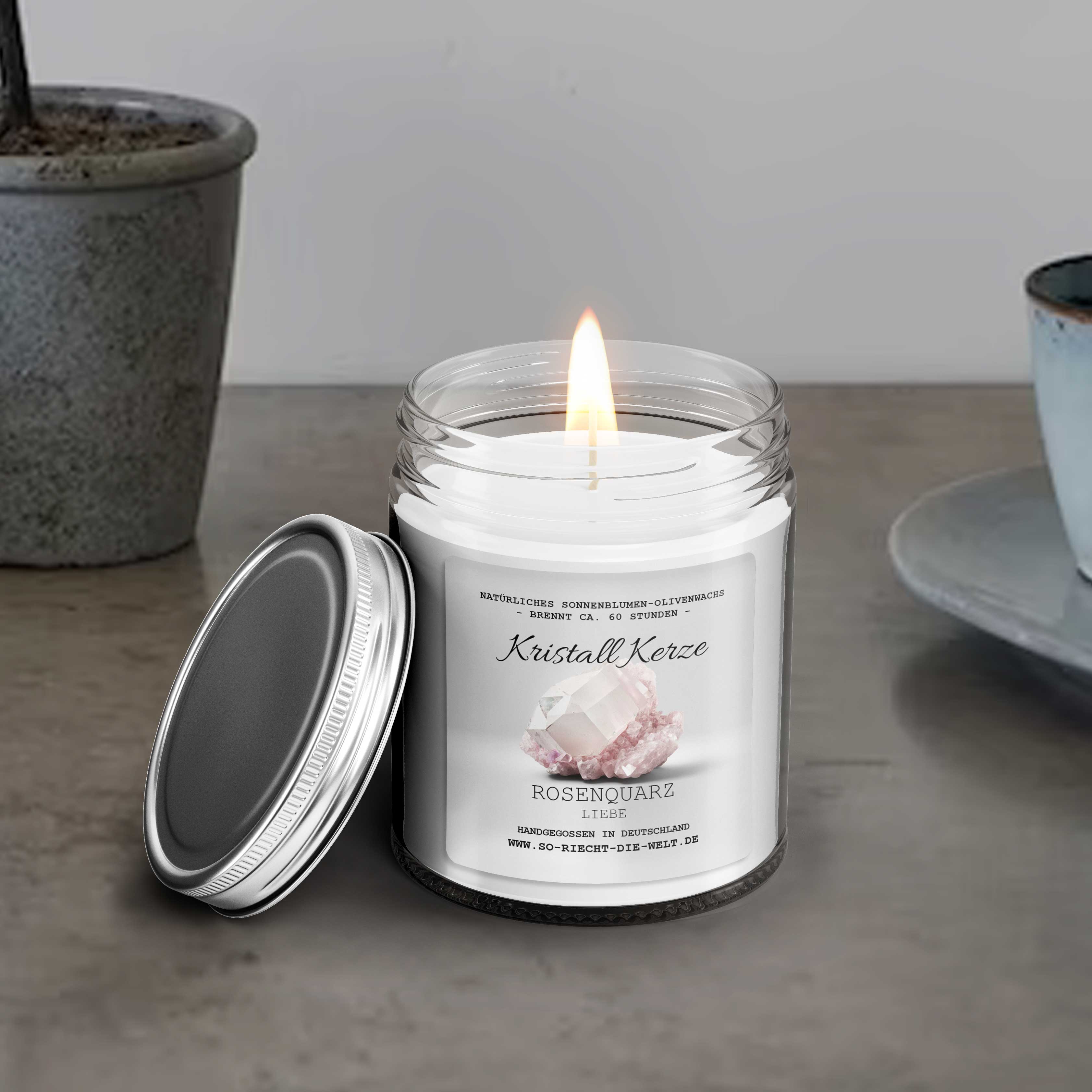 LIEBE - Rosenquarz Kristall Duftkerze - Kaschmir |  Patchouli | Jasmin - Heilende Kerze, Edelsteine, Reiki, Kristall, Stein, Heilung, Reinigung, Meditation
