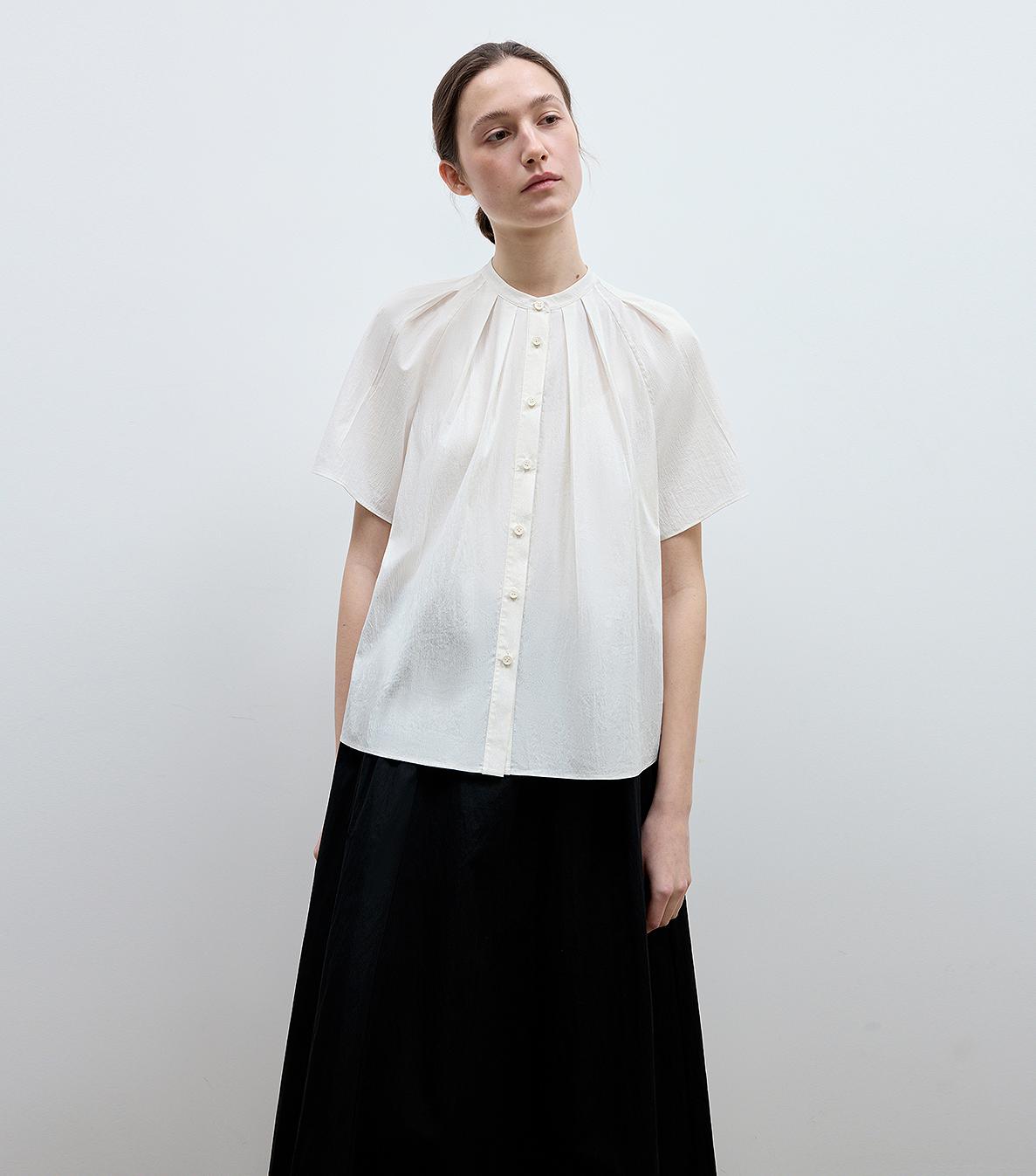"Silent Island" Stand-up collar pleated short-sleeved shirt women's casual top-1