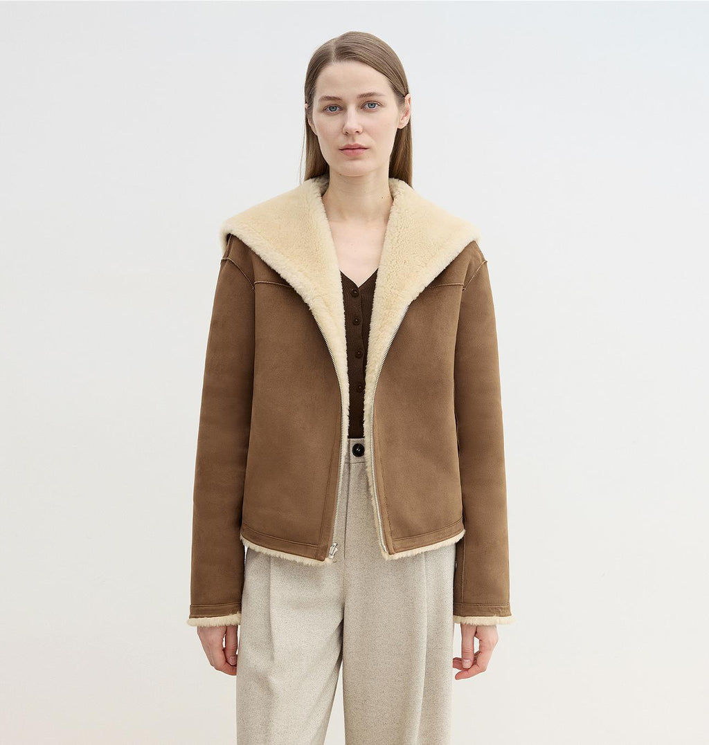 “Floating Dune" Wool Contrasting Artificial Compositesuede Navy Collar Shearling  Jacket-0