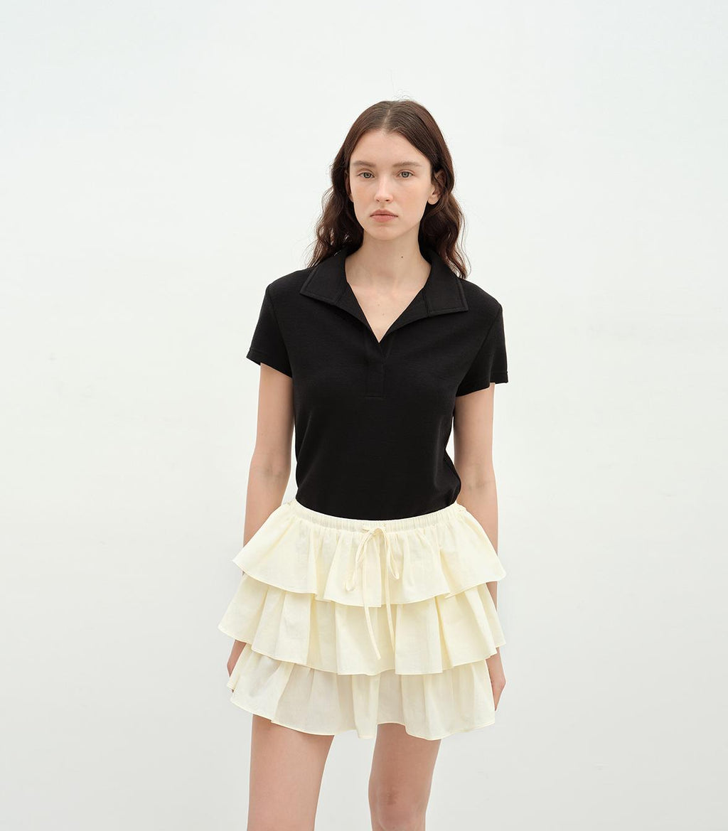 "Dublin" Lapel Straight Shoulder Slim Fit Short Sleeve T-shirt Tops Women-4
