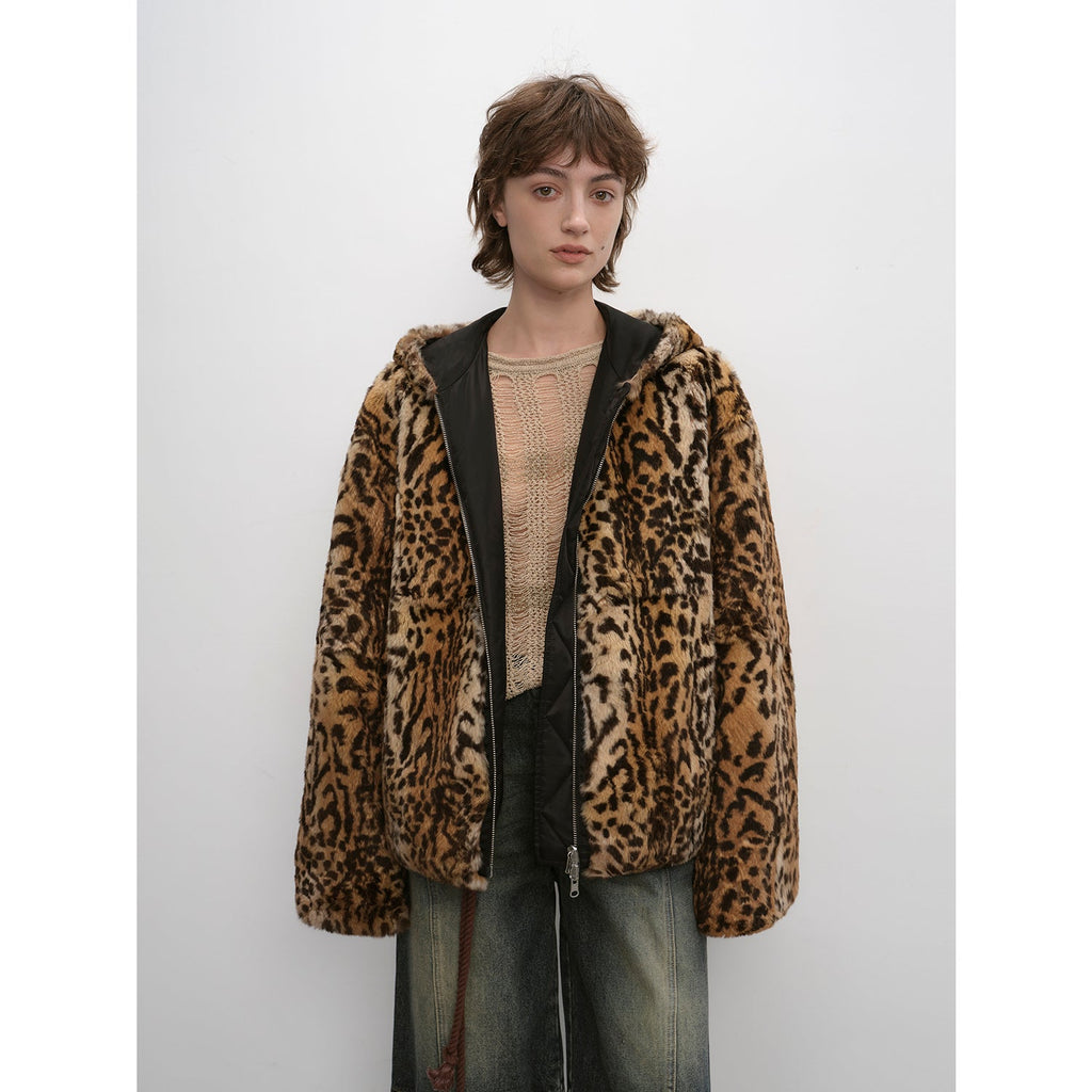 "Leopard Fantasy" Leopard Spot Print Reversible Drop Shoulder Hooded Custom Rabbit Fur Coat-0