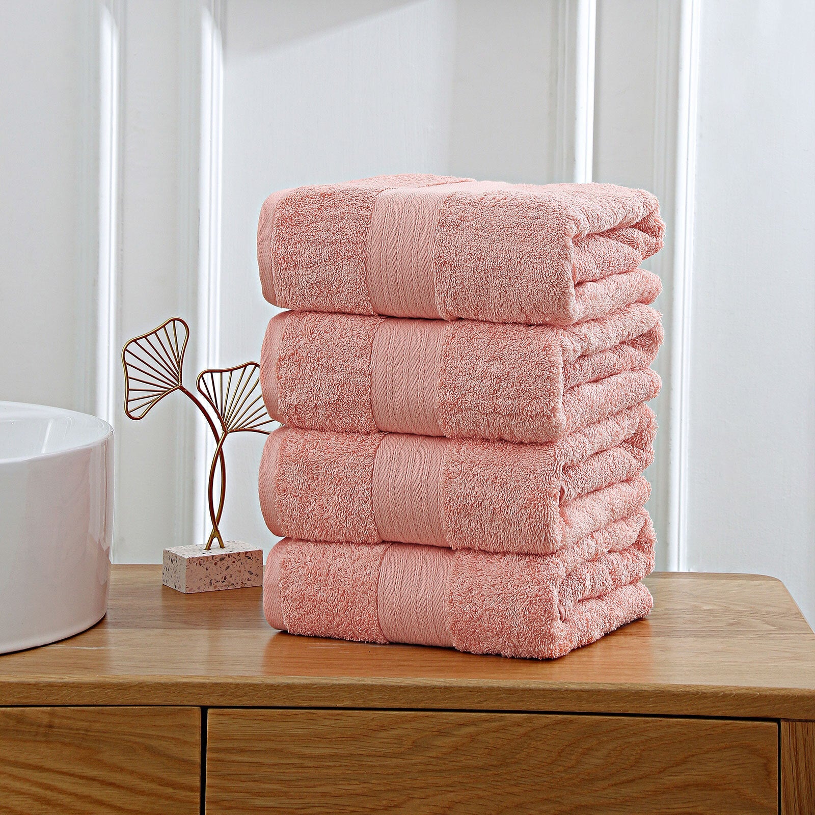 NNEDSZ 4 Piece Cotton Bath Towels Set - Coral-2