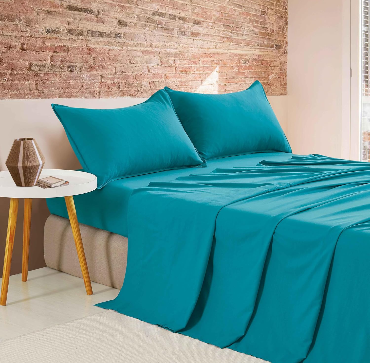 NNEDSZ Vintage Washed Microfibre Sheet Set (Teal, King)-0