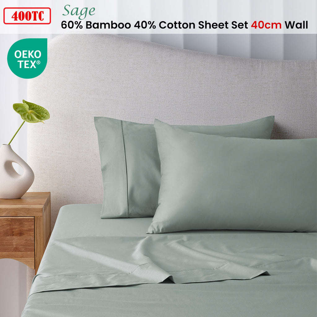 NNEDSZ 400TC Sage Bamboo Cotton Sheet Set 40cm Wall Queen-1