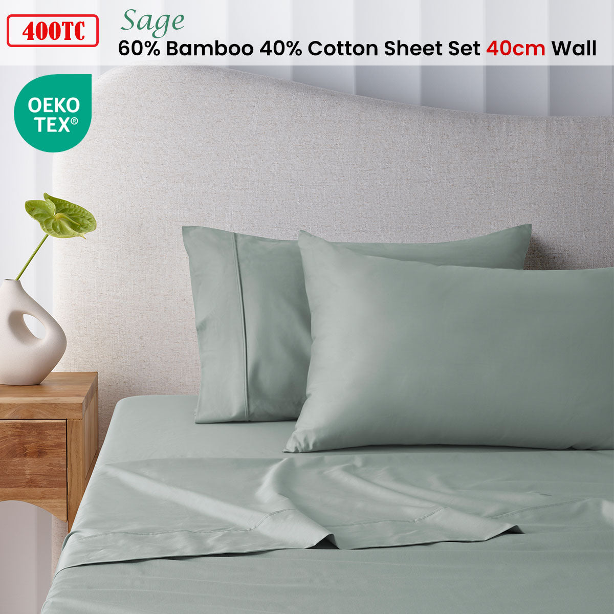 NNEDSZ 400TC Sage Bamboo Cotton Sheet Set 40cm Wall Queen-1