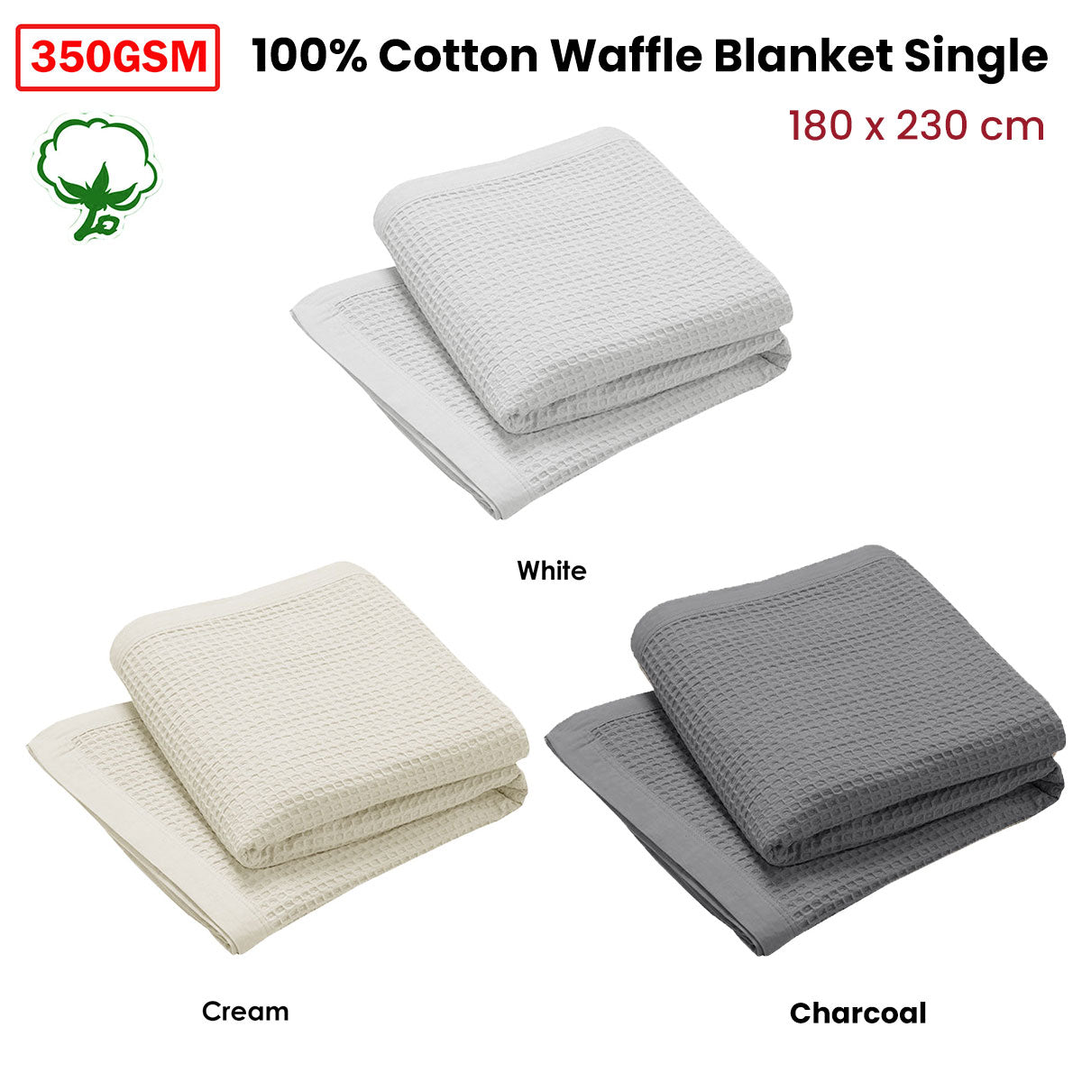 NNEDSZ Living @ Home 350gsm 100% Cotton Breathable Waffle Blanket Single 180 x 230 cm Cream-1