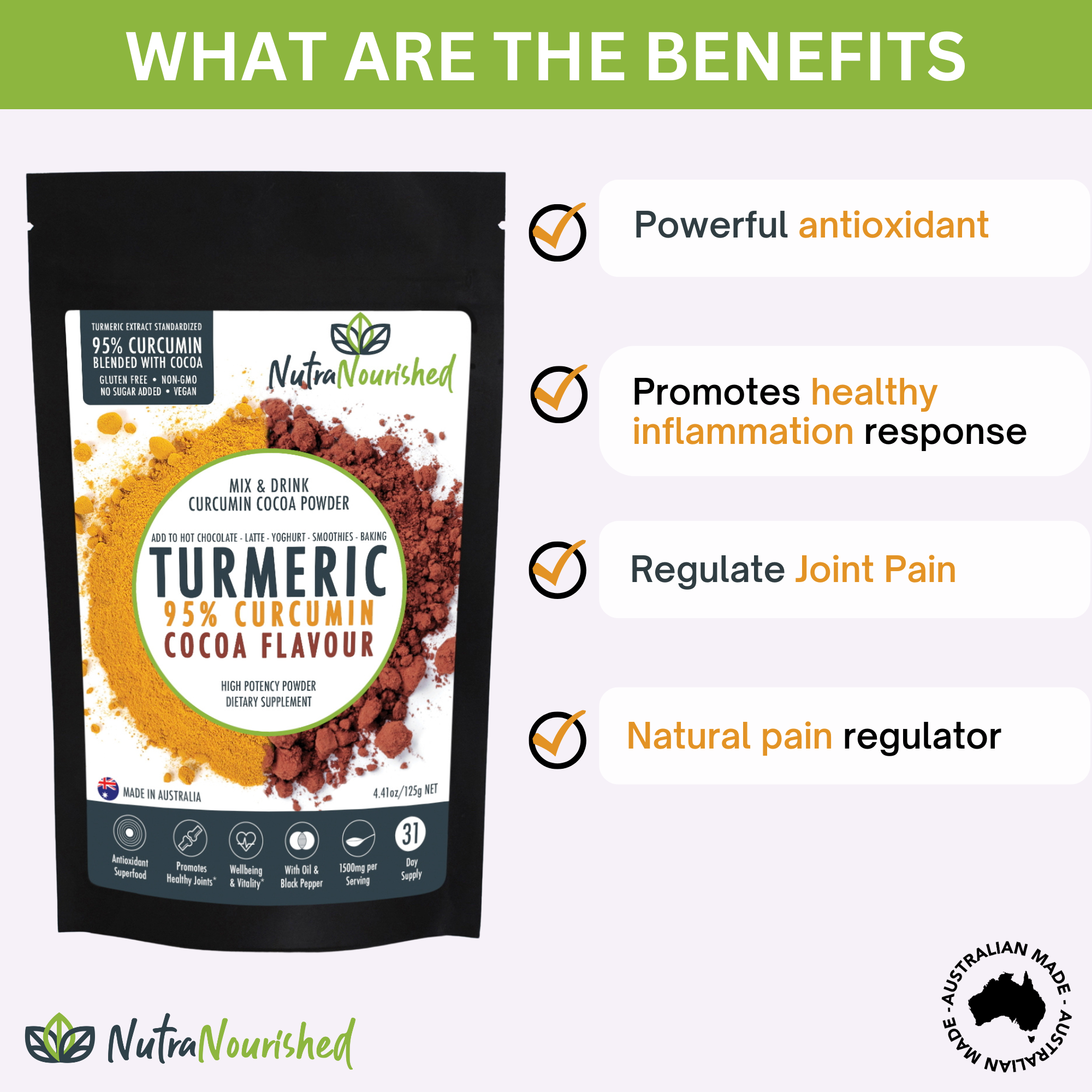 95% Curcumin Extract Cocoa Flavour | Organic Turmeric Black Pepper 125g-1