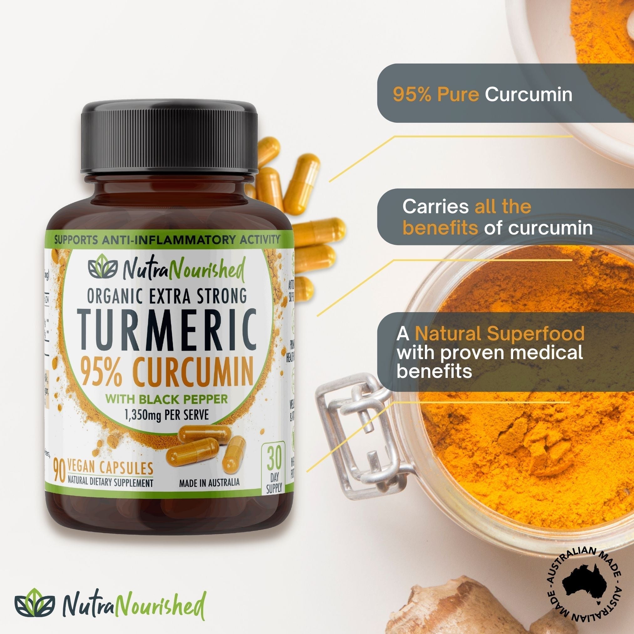 95% Pure Curcumin | Organic Vegan | Turmeric Extract Black Pepper | 90 Capsules-2