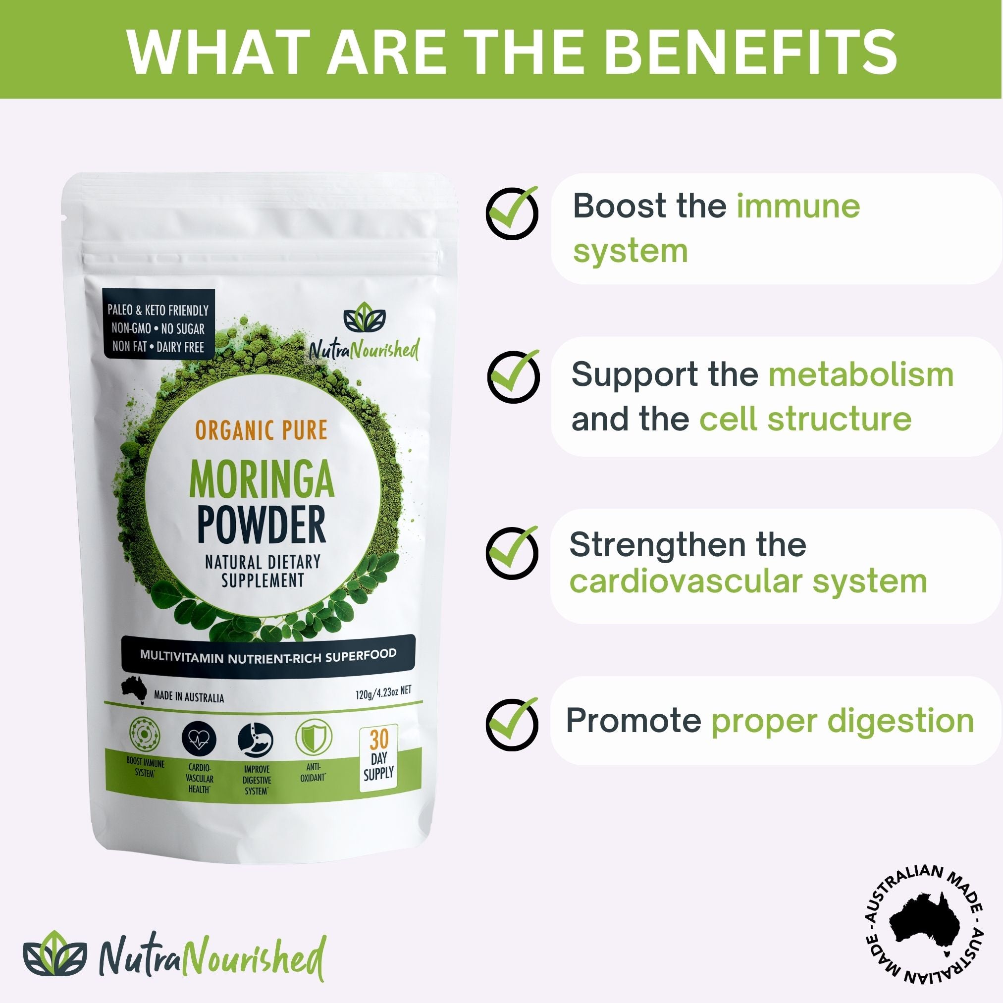 Organic Pure Moringa Leaf Powder 120g | Nutra Nourished
