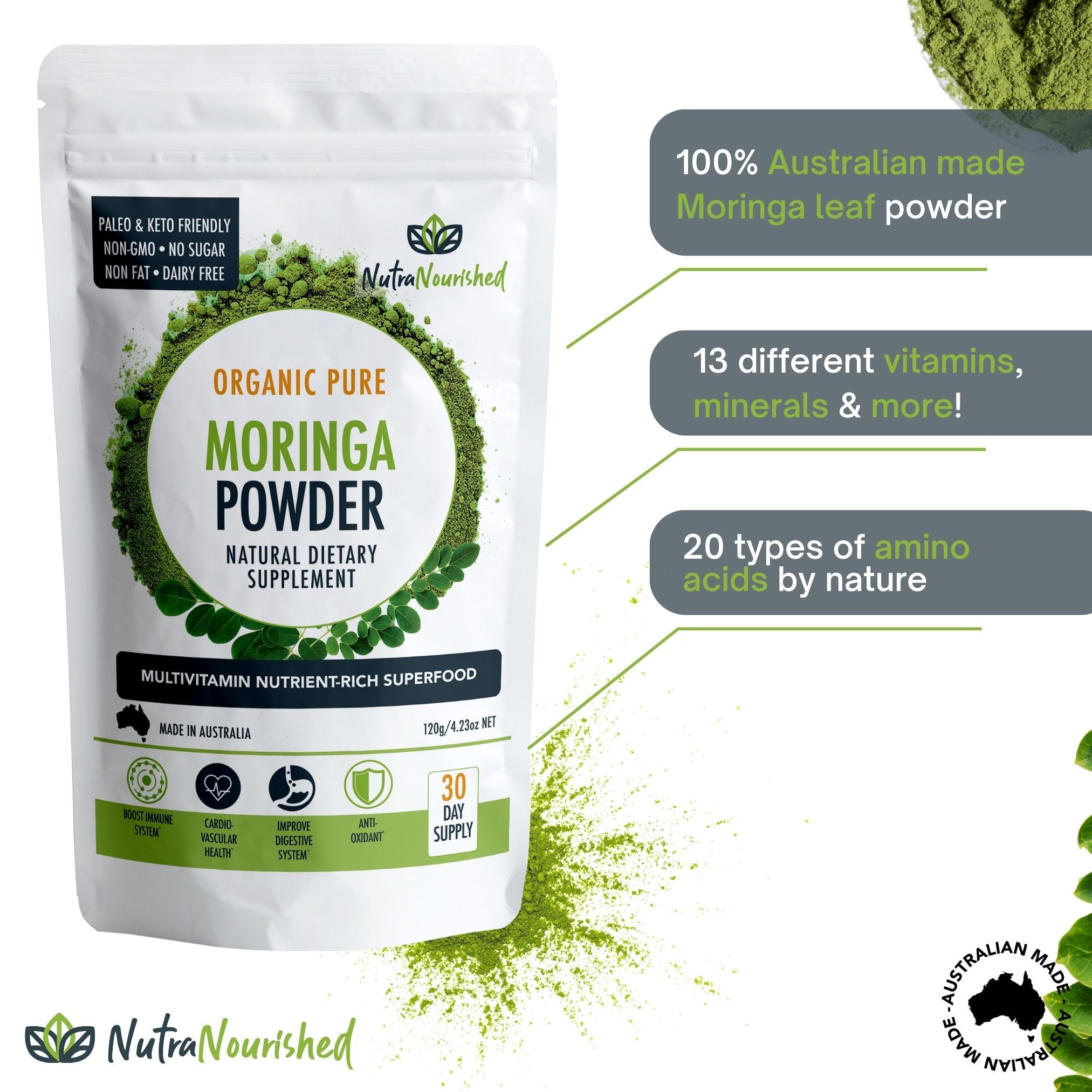Organic Pure Moringa Leaf Powder 120g | Nutra Nourished