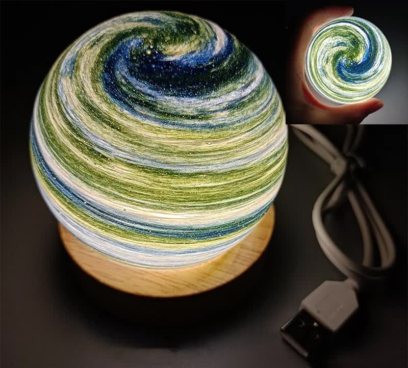 NNEDSZ Aurora LED Planet Night Light with Wooden Base, USB Rechargeable-0