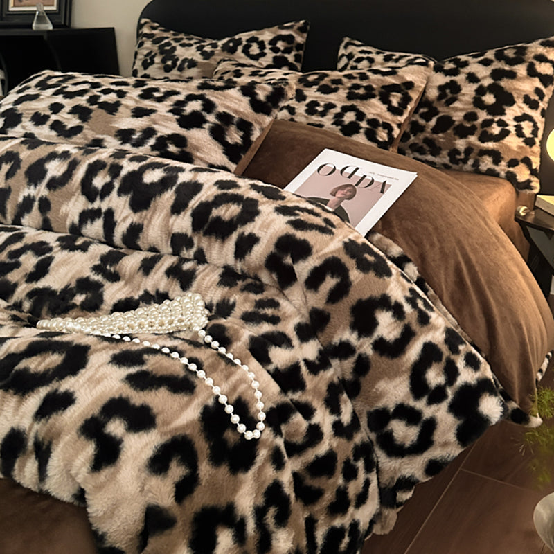 NNEDSZ Brown leopard-print Luxury Winter Faux Rabbit Fur Bedding Set - 4-Piece Melange Style Plush Set for 1.8m Beds (200x230cm Duvet Cover)-0