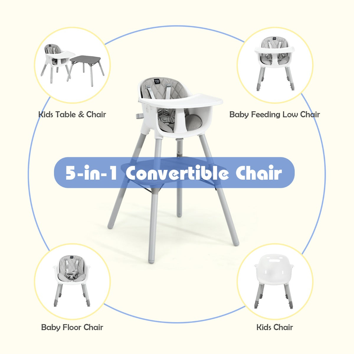 NNECW 5-in-1 Multifunctional Convertible Baby Highchair with Harness &amp Removable Tray-Grey-4