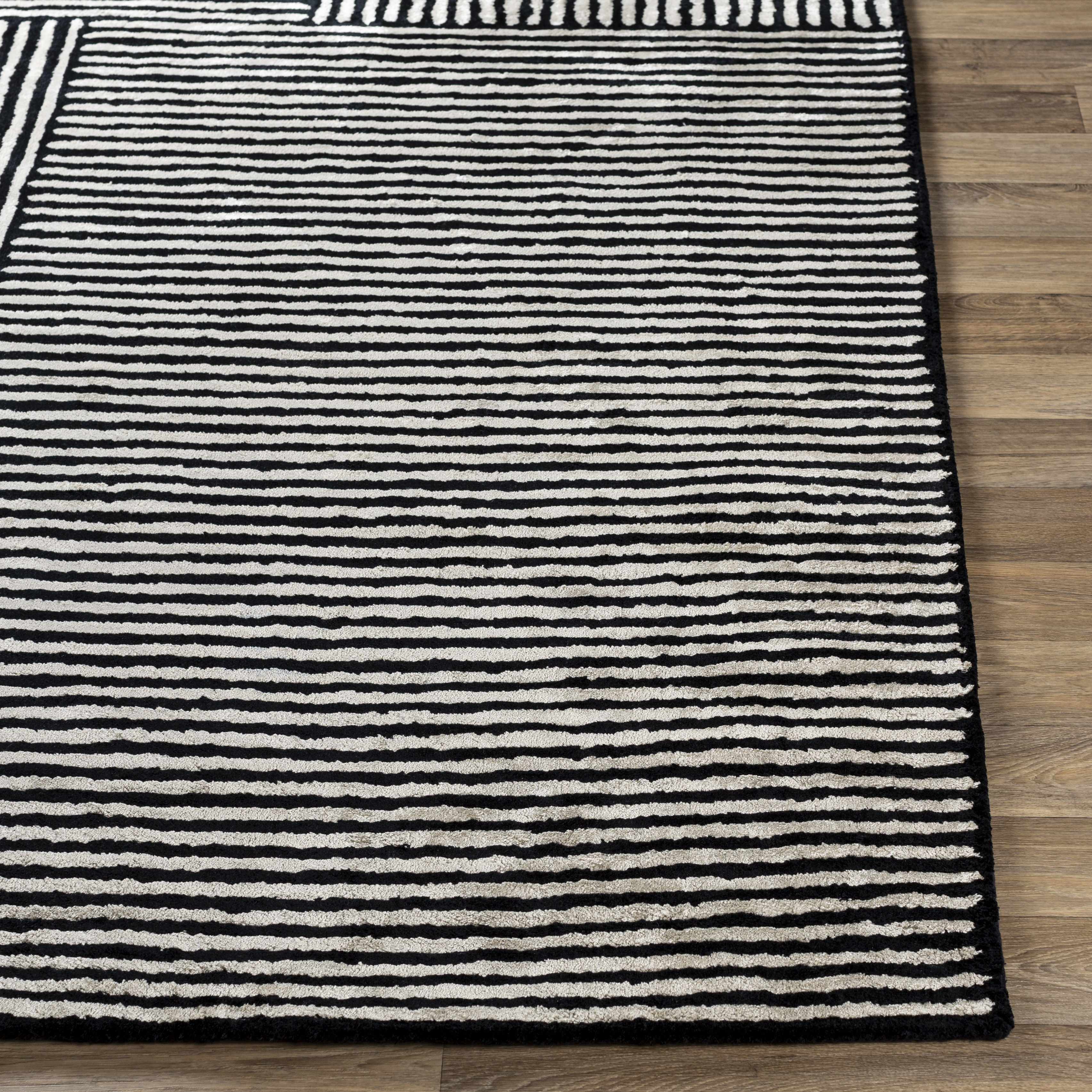 Black&White Striped Sheen Viscose Area Rug
