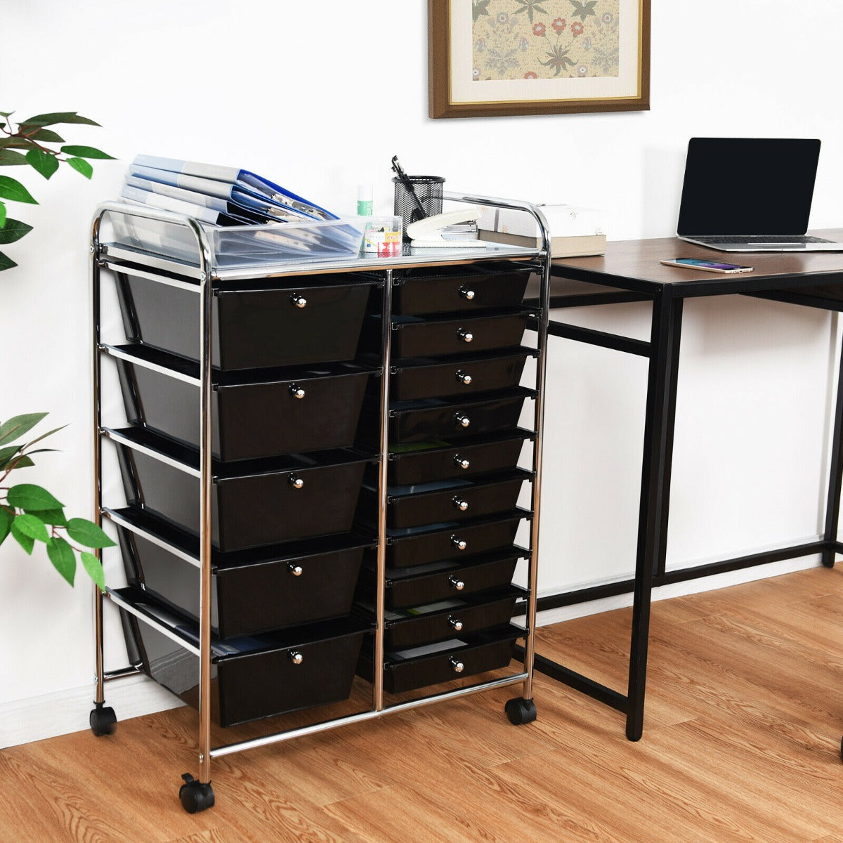 NNECW 15 Drawer Rolling Storage Cart with Wheels for Home Office Black-1