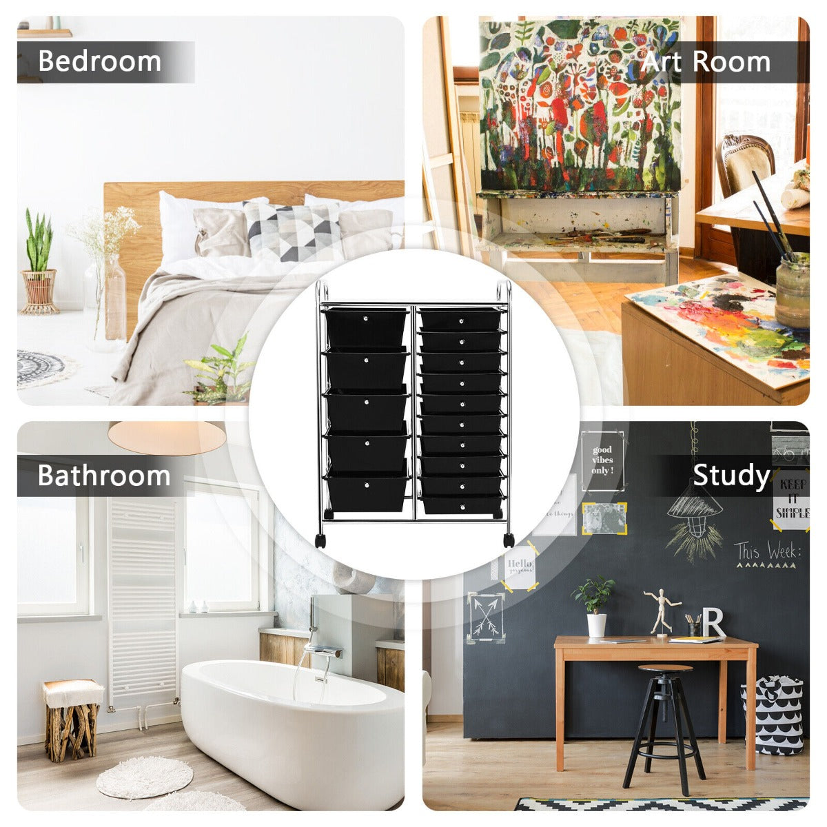 NNECW 15 Drawer Rolling Storage Cart with Wheels for Home Office Black-3