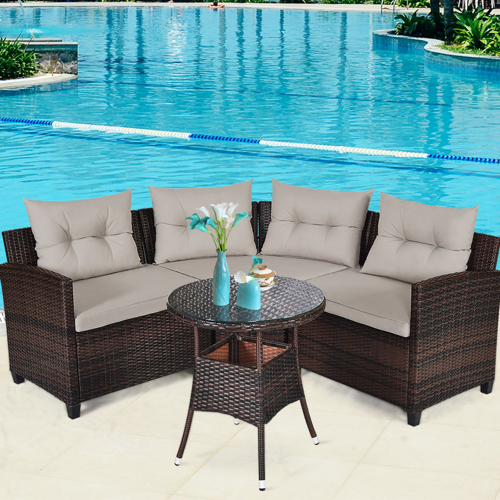 NNECW 4-Piece Patio Wicker Furniture Set with Cushion-Beige-0