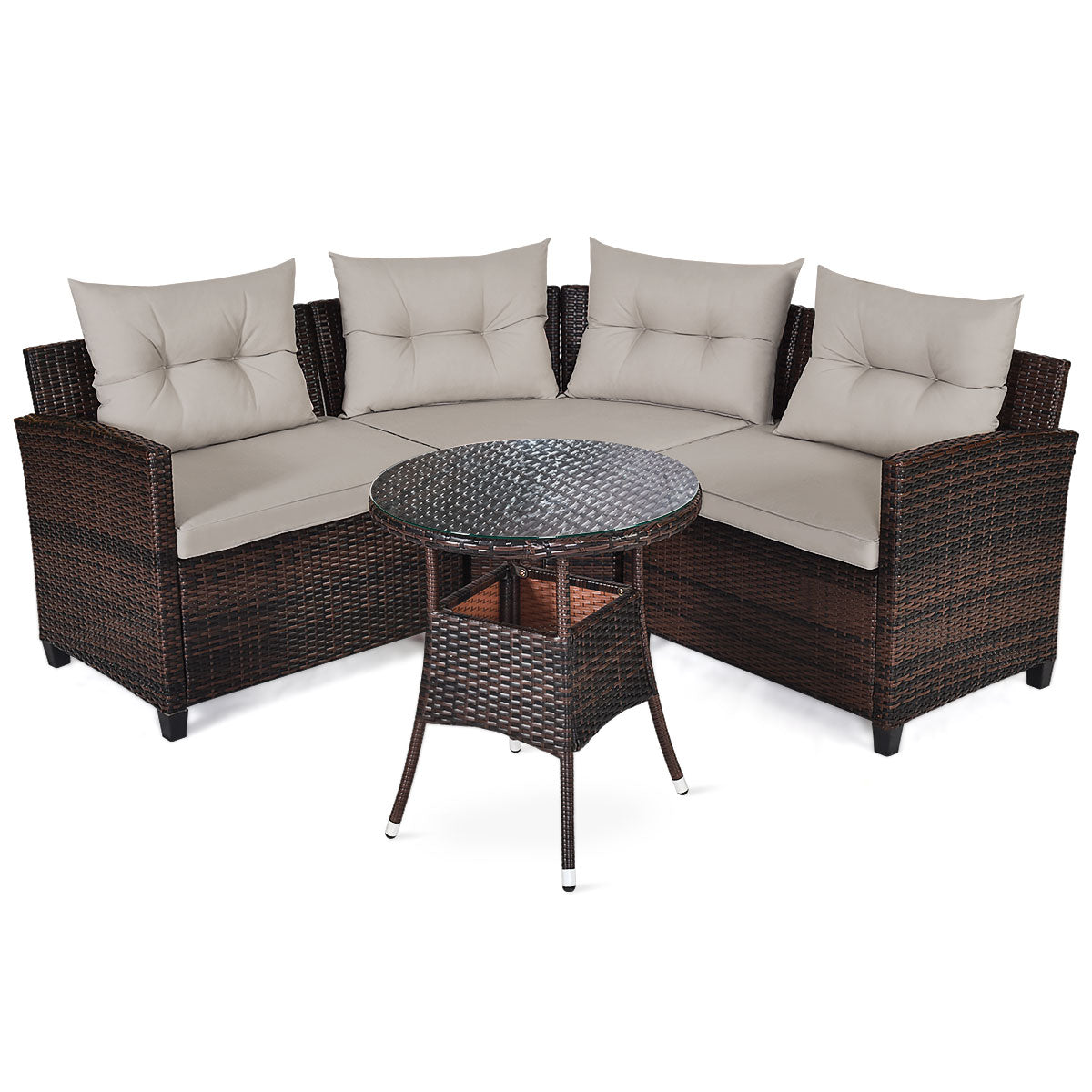 NNECW 4-Piece Patio Wicker Furniture Set with Cushion-Beige-1