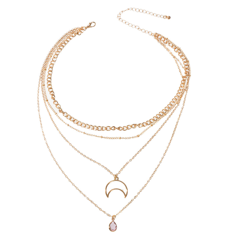 Multi-layer Gold Tone Chain Moon Water Drop Pendant Necklace Girls Party Jewelry-4